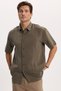 Men's Relax Fit Comfortable Cut Sports Collar Short Sleeve Striped Soft Textured Slit Khaki Shirt