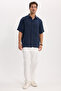 Men's Relax Fit Comfortable Cut Sports Collar Short Sleeve Striped Soft Textured Slit Navy Blue Shirt - 3