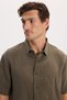 Men's Relax Fit Comfortable Cut Sports Collar Short Sleeve Striped Soft Textured Slit Khaki Shirt - 6