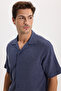 Men's Relax Fit Comfortable Cut Soft Textured Knitted Fabric Short Sleeve Lapel Collar Navy Blue Shirt - 7