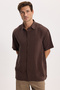 Men's Relax Fit Comfortable Cut Sports Collar Short Sleeve Striped Soft Textured Slit Brown Shirt - 3