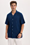 Men's Relax Fit Comfortable Cut Short Sleeve Lapel Collar Jacquard Fabric Knitted Plain Navy Blue Shirt - 4
