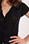 Women's Slim Fit Tight-Fitting Short-Sleeved Textured Buttoned Black Blouse Shirt with Stitching Detail - 6