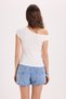 Women's slim fit short sleeve boat neck ecru blouse - 8
