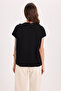 Women's Oversize Wide Cut Crew Neck Buttoned Shoulder Lycra Black Viscose Blouse - 8