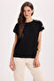 Women's Oversize Wide Cut Crew Neck Buttoned Shoulder Lycra Black Viscose Blouse