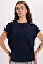 Women's Oversize Wide Cut Crew Neck Buttoned Shoulder Lycra Navy Blue Viscose Blouse