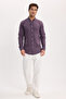 Men's Slim Fit 100% Cotton Buttoned Collar Flam Linen Purple Shirt - 3