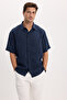 Men's Relax Fit Comfortable Cut Sports Collar Short Sleeve Striped Soft Textured Slit Navy Blue Shirt - 6