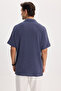 Men's Relax Fit Comfortable Cut Soft Textured Knitted Fabric Short Sleeve Lapel Collar Navy Blue Shirt - 8