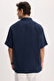 Men's Relax Fit Comfortable Cut Sports Collar Short Sleeve Striped Soft Textured Slit Navy Blue Shirt - 9