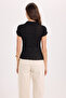 Women's Slim Fit Tight-Fitting Short-Sleeved Textured Buttoned Black Blouse Shirt with Stitching Detail - 8