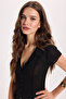 Women's Slim Fit Tight-Fitting Short-Sleeved Textured Buttoned Black Blouse Shirt with Stitching Detail - 5
