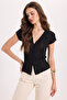 Women's Slim Fit Tight-Fitting Short-Sleeved Textured Buttoned Black Blouse Shirt with Stitching Detail - 4