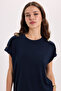 Women's Oversize Wide Cut Crew Neck Buttoned Shoulder Lycra Navy Blue Viscose Blouse - 4