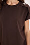 Women's Oversize Wide Cut Crew Neck Buttoned Shoulder Lycra Brown Viscose Blouse - 7