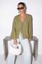 Khaki V-Neck Front Tie Standard Size Wide Sleeve Blouse Tdrss26Bz00089