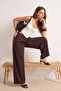 Kahverengi Beli Lastikli Extra Wide Leg/Geniş Paça Saten Pantolon TWOSS26PL00147 - 2