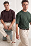 Unisex Koyu Kahverengi-Koyu Yeşil Oversize 2'li Paket Basic %100 Pamuklu T-Shirt TMNSS24TS00038