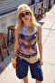Blue Printed Fitted Crew Neck Sleeveless Tulle Knitted Blouse Twoss26Bz01099 - 6
