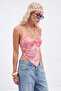 Pembe Baskılı Crop Asimetrik Etek Uçlu Tül Örme Bluz TWOSS23BZ00566 - 4