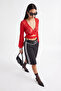 Kırmızı Düz Bolero V Yaka Standart Kol Uzun Bağlama Detaylı Super Crop Tül Örme Bluz TWOSS26BZ01078 - 7