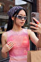 Pink Printed Fitted Crew Neck Sleeveless Tulle Knitted Blouse Twoss26Bz01099 - 7