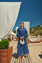 Women's Floral Pattern Shiny Striped Dress Navy Blue - 11