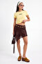 Sarı Fitted/Vücuda Oturan Esnek Crop Bisiklet Yaka Kısa Kol Baskılı Örme T-Shirt TWOSS25TS00082 - 2