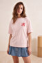 Pembe %100 Kalın Pamuklu Ön ve Arka Baskılı Oversize Kalıp Örme T-Shirt TWOSS23TS00269