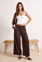 Kahverengi Beli Lastikli Extra Wide Leg/Geniş Paça Saten Pantolon TWOSS26PL00147