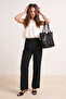 Siyah Wide Leg/Geniş Paça Yüksek Bel Dokuma Kumaş Pantolon TWOAW22PL0066