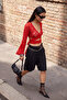 Kırmızı Düz Bolero V Yaka Standart Kol Uzun Bağlama Detaylı Super Crop Tül Örme Bluz TWOSS26BZ01078