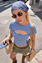 Mavi Çizgili Fitted 2 Parçalı Pencere Detaylı Fitted Crop Esnek Örme T-Shirt TWOAW27TS00031