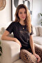 Black Born to Be Wild Leopard Print Short Sleeve Knitted Women's Pajamas Set - 5