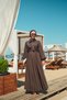 Women's Collar Tie Tulle Fabric Detail Waist Tie Dress Brown - 7