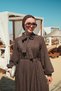 Women's Collar Tie Tulle Fabric Detail Waist Tie Dress Brown - 9