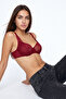 Bordo Dantel Tül Detaylı İp Askılı Kapsız T-Shirt Bra Örme Sütyen THMSS24SU00058 - 2