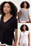 Siyah-Beyaz- Çizgili 3'lü Paket Oversize Fit V Yaka Örme Büyük Beden T-shirt TBBSS26BF00026