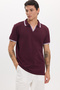 Men's Slim Fit 100% Cotton Striped Detailed V-Neck Claret Red Polo Neck T-Shirt