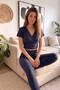 Navy Blue Lace Detailed V-Neck Knitted Crop Pajama Set - 5