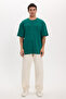 Unisex Oversize Wide Cut 100% Cotton Soft Textured Basic Crew Neck Green T-Shirt - 2