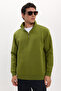 Unisex relax fit comfortable cut cotton fleece lined half zipper khaki high neck sweatshirt