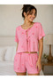 Women's Pink Striped Front Tie Short Sleeve Shorts Pajama Set - 2