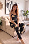 Black Floral Lace Strappy Knitted Women's Pajama Set - 6