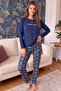 Navy Blue Floral Days Patterned Long Sleeve Bamboo Knitted Women's Pajama Set - 6