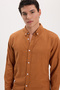 Men's Slim Fit Slim Fit Long Sleeve 100% Cotton Linen Texture Buttoned Lapel Brick Color Shirt - 4