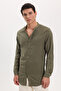 Men's Slim Fit Long Sleeve 100% Cotton Linen Texture Dominant Collar Khaki Shirt