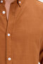 Men's Slim Fit Slim Fit Long Sleeve 100% Cotton Linen Texture Buttoned Lapel Brick Color Shirt - 6