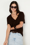Women's Brown 100% Cotton Soft Textured Anti-Sweat V-Neck T-Shirt - 7
